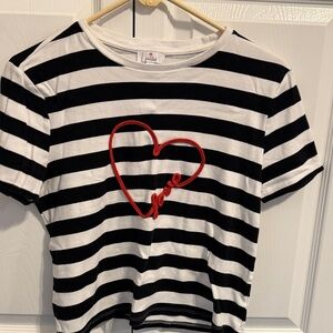 Marled Black and White Striped Tee with Red Heart
